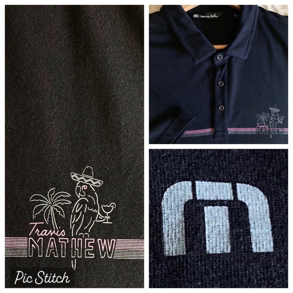Travis Mathew Mens L High Surf Golf Polo Black Party Parrot Performance Pima
